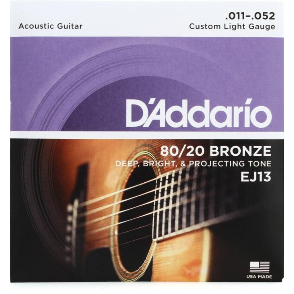 D'Addario EJ13 80/20 Bronze Acoustic Guitar Strings, Custom Light, 11-52
